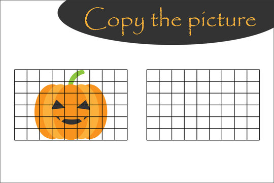 Copy the picture, halloween pumpkin cartoon style, drawing skills training, educational paper game for the development of children, kids preschool activity, printable worksheet, vector illustration