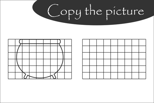 Copy the picture, halloween black white pot, drawing skills training, educational paper game for the development of children, kids preschool activity, printable worksheet, vector illustration