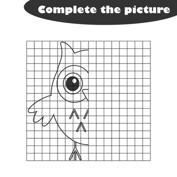 Complete the picture, black white cartoon owl, drawing skills training, easter educational game for the development of children, kids preschool activity, printable worksheet, vector illustration
