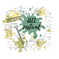 Template for music festival, jazz party, invitation, greeting card, concert poster. Vector illustration with saxophone, piano, violin, french horn, drum. Line style.