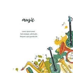 Template for music festival, jazz party, invitation, greeting card, concert poster. Vector illustration with saxophone, guitar, violin, french horn, drum. Flat style.