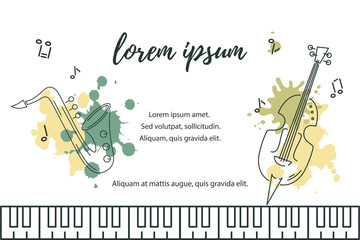 Template for music festival, jazz party, invitation, greeting card, concert poster, web, school of music. Vector illustration with saxophone, double bass and piano keyboard. Flat style.