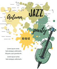 Template for music festival, jazz party, invitation, greeting card, concert poster. Vector illustration with contrabass and painting splash. Flat style.