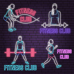 Set of neon fitness club sign on brick wall background. Vector illustration.