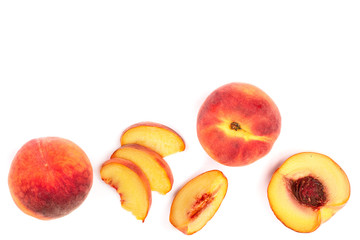 ripe peaches isolated on white background with copy space for your text. Top view. Flat lay pattern