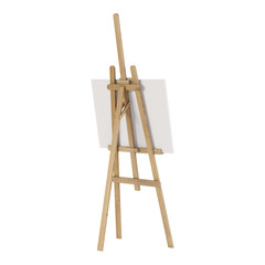 Wooden easel with an empty mockup. Isolated on white background. 3D rendering.