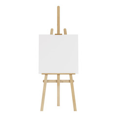 Wooden easel with an empty mockup. Isolated on white background. 3D rendering.