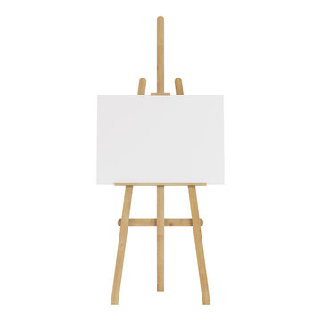 Wooden easel with an empty mockup. Isolated on white background. 3D rendering.