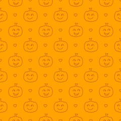 Halloween festive seamless pattern. Orange endless background with smiling cute pumpkin. Linear vector illustration