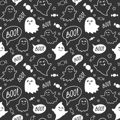 Halloween festive seamless pattern. Black endless background with smiling cute ghosts, candies and speech bubble with boo