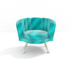 A green armchair with a fancy pattern. White background. Illustration. 3d render. 