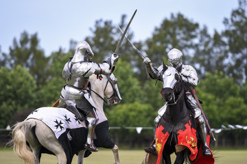 Two medieval knights confront during jousting tournament - obrazy, fototapety, plakaty