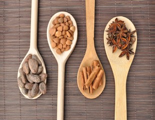 Concept with ingredients for chocolate, cocoa beans, cinnamon, anise, apricot beans on wooden spoons on brown background, top view