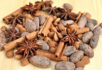 Fototapeta premium Top side view of ingredients for chocolate, cocoa beans, cinnamon, anise, apricot beans on natural wood background, selective focus