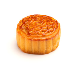 side view studio shoot of traditional Chinese mooncake on white