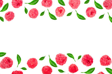 raspberries with leaves isolated on white background with copy space for your text. Top view. Flat lay pattern