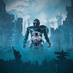 Shadow of the cyclops / 3D illustration of science fiction scene astronaut guarded by giant robot cyclops © grandeduc