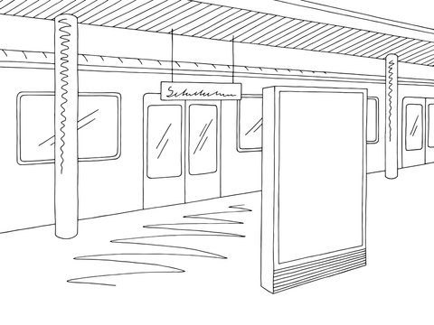 Railway station platform train billboard graphic black white sketch illustration vector