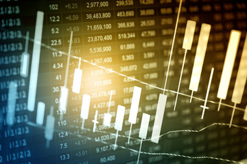 Candle stick graph chart with indicator: Cryptocurrencies graphs trading including of up and down trend with divergent reverse price pattern.