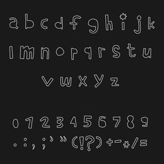 Carved alphabet number and punctuation marks. Rustic font. Vector ABC