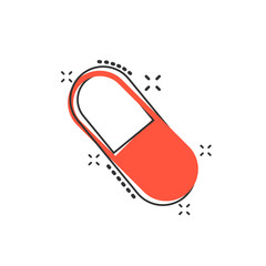 Vector cartoon pill icon in comic style. Tablet concept illustration pictogram. Capsule medical business splash effect concept.