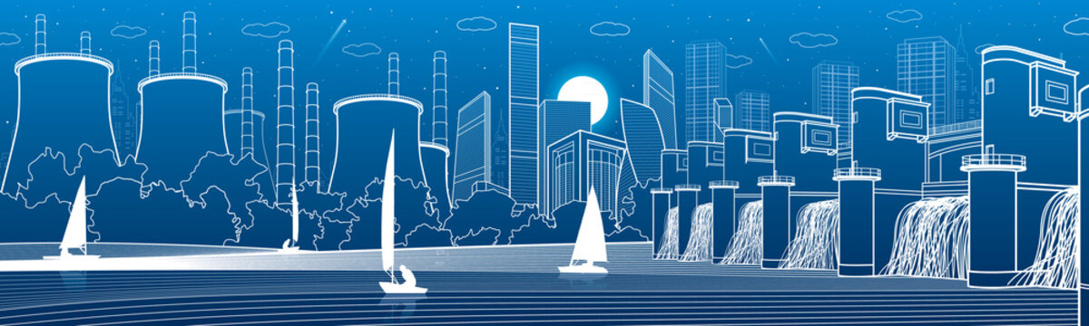 Urban City Infrastructure panoramic. Hydroelectric power station at river. Modern town.  Factory thermal power plant. Yachts on the water. White lines on blue background. Vector design art