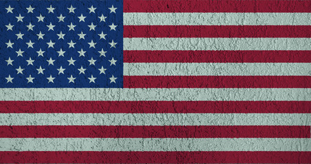 The texture of the USA flag on a wall of greenish plaster.