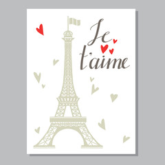 Fototapeta na wymiar Greeting valentines day card with hand drawn text je t'aime, hearts, Eiffel tower