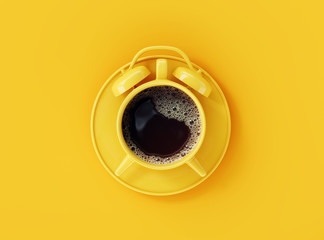 Coffee clock on yellow background. creative idea. minimal concept