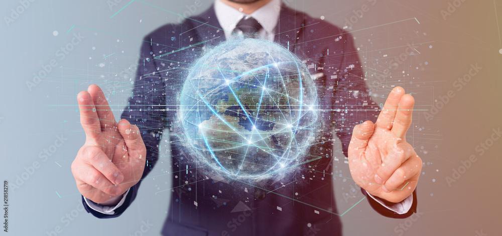 Poster man holding connection around a world globe isolated 3d rendering