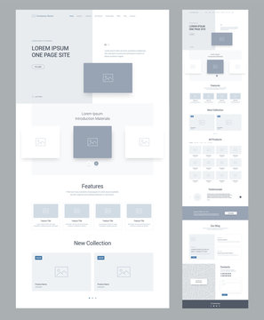 One page website design template for business. Landing page wireframe. Flat modern responsive design. Ux ui website: home, features, collection,  products, testimonials, offers, blog, contacts.