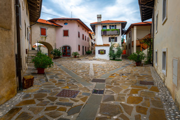 Main Square in Historic medieval town of Smartno in Goriska Brda, Slovenia with narrov streets leading into the town