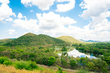 Scenic view of sunrise mountains at northeast Thailand, Mountain range for climbing in mountain trails. the landscape of mountain which including of copy-space for texting. 