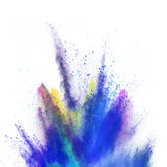 Explosion of coloured powder isolated on white background.