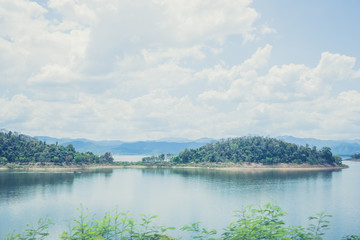 Scenic view of sunrise mountains at northeast Thailand, Mountain range for climbing in mountain trails. the landscape of mountain which including of copy-space for texting. - Vintage retro tone.