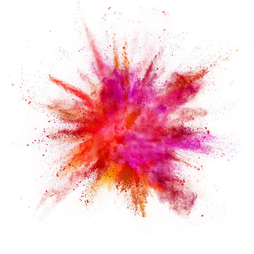 Explosion of coloured powder isolated on white background.
