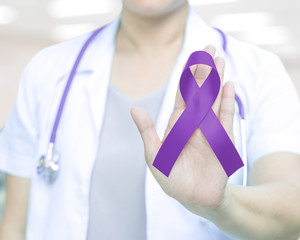 Female doctor in white uniform hold purple violet ribbon awareness in hand for ADD,ADHD,Alzheimer's Disease ,Arnold Chiari Malformation,Childhood Hemiplegia & stroke,Pancreatic cancer,Sarcoidosis