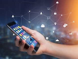 Business network connection displayed on a futuristic interface with technology icon - Worldwide business concept