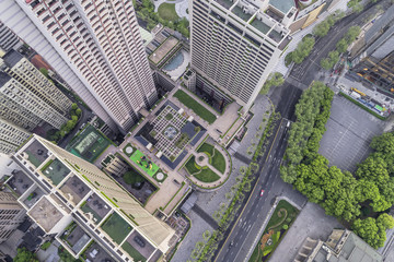 Aerial View of business area and cityscape in west Nanjing road, Jing`an district, Shanghai