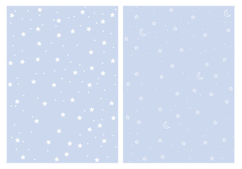 Cute Stars and Moons Vector Patterns Set. Blue Background. White Stars and Moons. Light Blue Pastel Color. Simple Infantile Design.