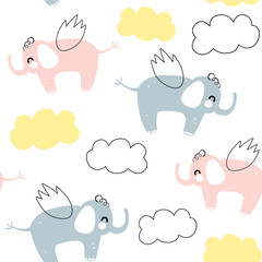 Vector seamless pattern with flying elephant. Scandinavian motives. Baby print. Cartoon background.