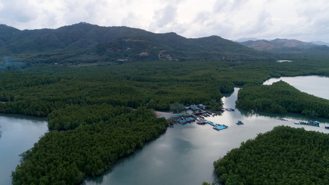 Longtail boats in the port at phang nga thailand Aerial view.