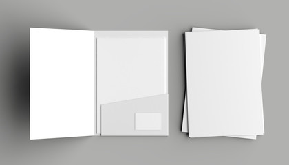 A4 size single pocket reinforced folder with business card mock up isolated on gray background. 3D illustration - obrazy, fototapety, plakaty