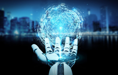 White robot hand using digital triangle exploding sphere hologram 3D rendering