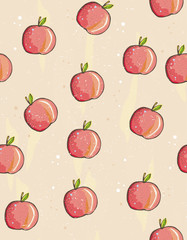 Hand Drawn Red Apples Vector Pattern, Beige Background. Simple Cute Sketch. Red Apples with Little Green Leaves. Watercolor Vector Style.