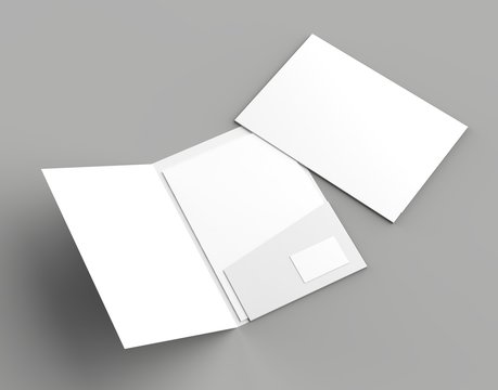 A4 size single pocket reinforced folder with business card mock up isolated on gray background. 3D illustration