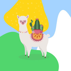 Llama or alpaca with cactus colorful background vector illustration. Llama animal poster design. Llama art print. Wallpaper, fabric, textile, wrapping paper design