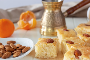 Still life Pieces Basbousa or namoora traditional arabic dessert.