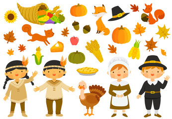 Set of illustrations for thanksgiving with characters and holiday symbols