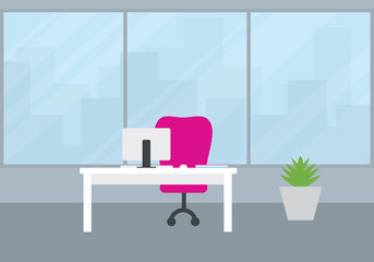 Flat design of an office with a view of the city behind a large window, a white desk with a computer, a keyboard and a mouse, and a red chair. Standing flower pot with green plant.